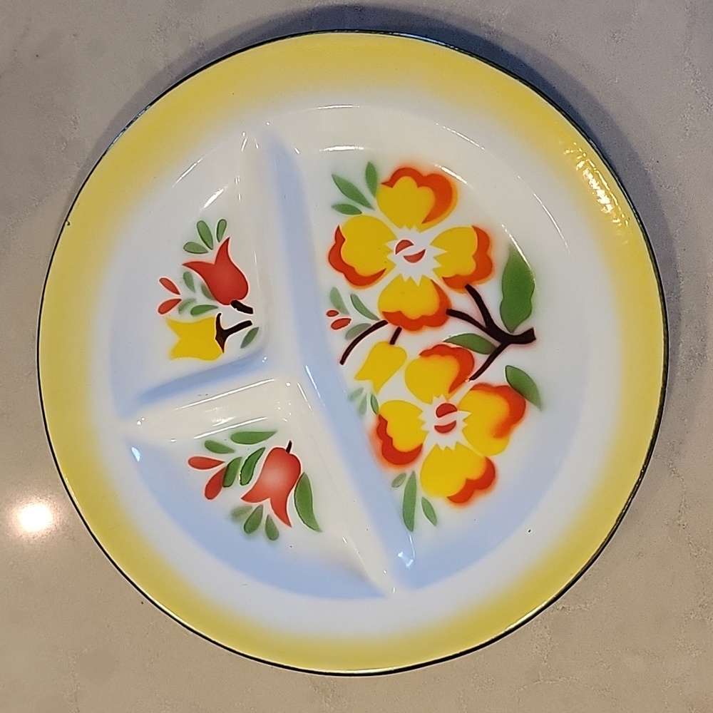 Enamelware Plate Divided 11” Floral  Vintage